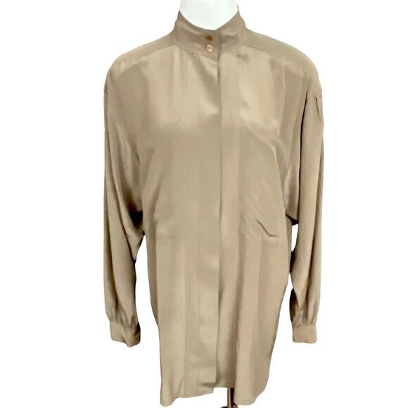 Vintage 80’s Tan Silk Structured Stand Collar Button Down Blouse L - Picture 1 of 5